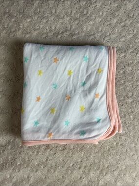 Amazon Essentials Star Print Baby Blanket Peach Edge Trim White Yellow Orange